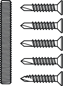 Self drilling screws and threaded rod fastener set vector illustration for metal construction and engineering