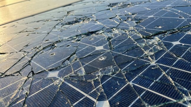 Cracked solar panel glass closeup showing shattered cells and impact damage for inspection and repair documentation background