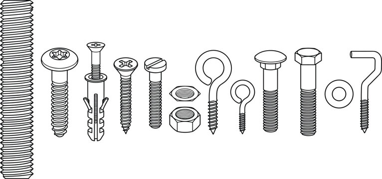 Threaded rod screws bolts nuts washers wall anchors and hook fasteners vector hardware collection