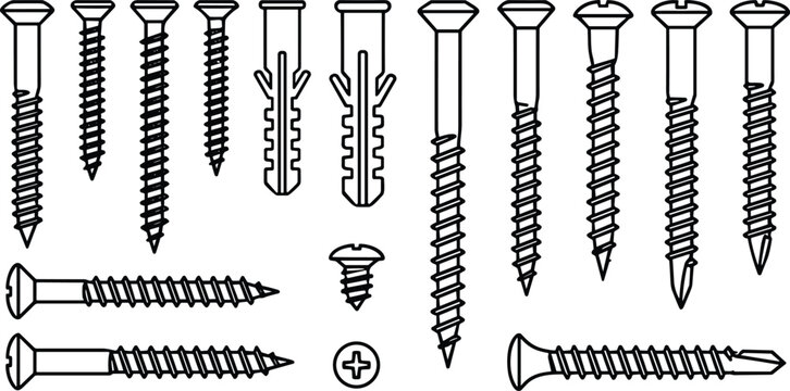 Wood Screws Wall Plugs and Drywall Fasteners Vector Set Isolated Construction Hardware Collection