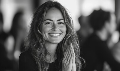 Obraz premium Close-up of a woman with long wavy hair and a radiant smile, her hands clasped in front of her.