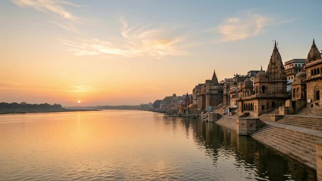 varanasi ghats on river ganges india at golden hour