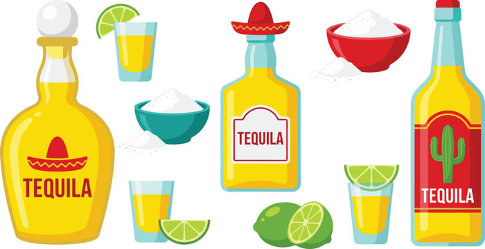Mexican tequila bottles and shots vector illustration set with lime slices salt bowls cactus and sombrero labels isolated on white background