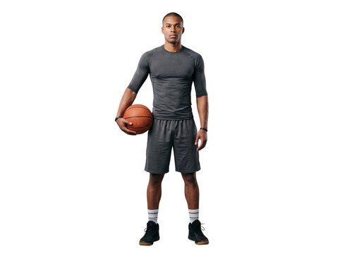 Confident African American basketball player standing with ball