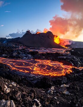 Volcanic eruption with lava flows landscape.