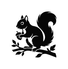 Naklejka premium Silhouette of a Squirrel Holding an Acorn on a Branch.