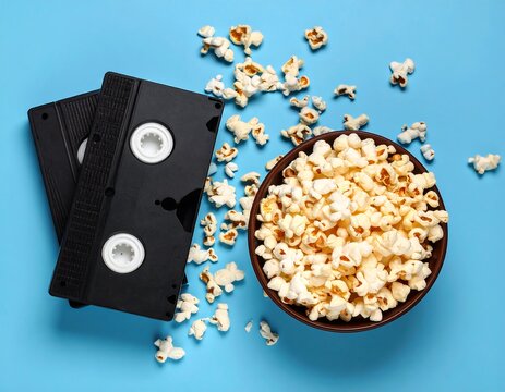 Overhead shot of a nostalgic scene. Two stacked retro video cassettes are next to a full, round bowl and scattered pieces of fluffy, golden-brown popcorn