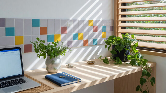 Modern home workspace desk with laptop, notebook, small herb plant and colorful tile backsplash with strong striped natural light from blinds