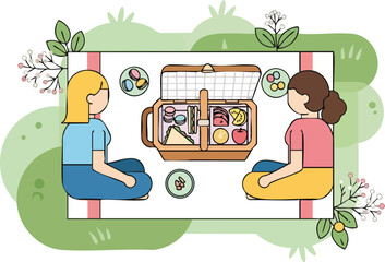 Fototapeta premium Two Best Friends Enjoying a Sunny Outdoor Picnic With Pastel Snacks and a Geometric Basket on Stylized Grass
