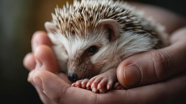 Cute little hedgehog resting calmly while being held gently in a person's cupped hands
