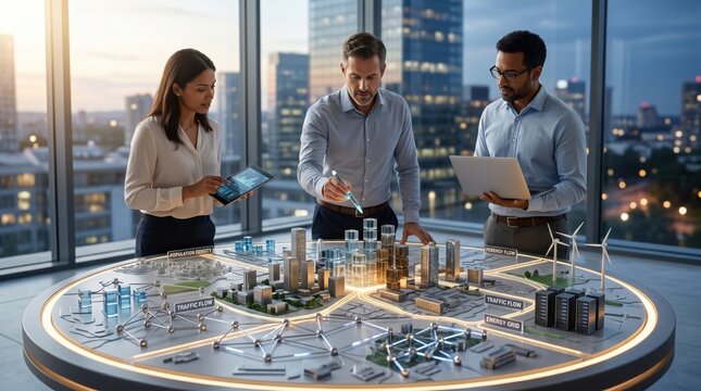 Business Team Analyzing Smart City Model With Traffic Flow And Energy Grid On Interactive Table In Modern Office With Skyscraper View