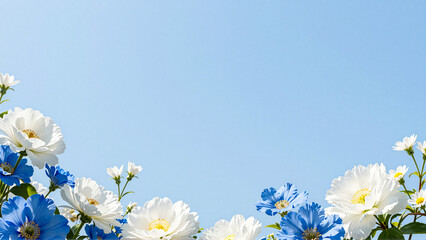 Fototapeta premium White and Blue Floral Border Frame Against Clear Bright Blue Sky