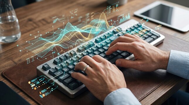 Close up hands typing on mechanical keyboard with holographic data visualization waveforms graphs and charts rising above keys