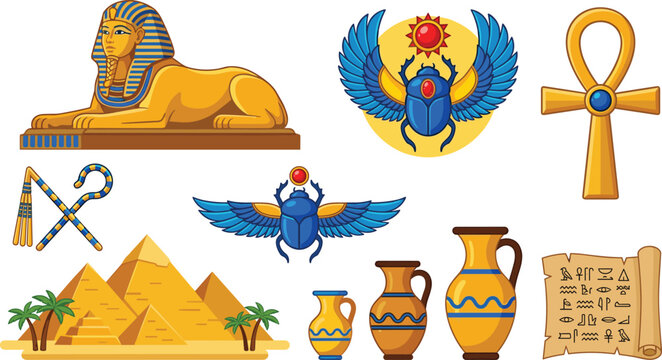 Ancient Egypt culture vector set with golden sphinx, giza pyramids, winged scarab beetle, ankh cross, hieroglyphics scroll, crook and flail icons.
