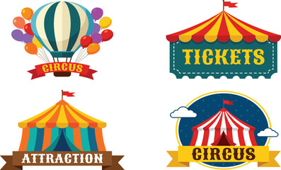 Circus vintage vector elements set with carnival big top tent hot air balloon tickets booth labels isolated on white background for festival design © Kuddus