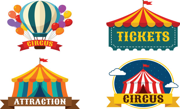 Circus vintage vector elements set with carnival big top tent hot air balloon tickets booth labels isolated on white background for festival design