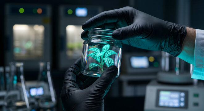 Researcher examining bioluminescent plant inside glass jar in dark modern laboratory for botanical experiment.