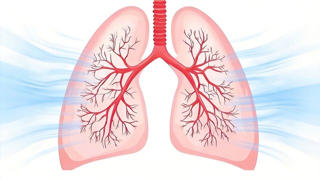 Human Lungs Anatomy Illustration with Blue Airflow Background, Respiratory System Health Education, Lung Function and Breathing Concept