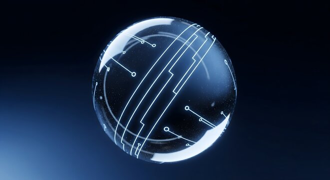 A glowing digital circuit pattern wrapped around a transparent glass sphere.