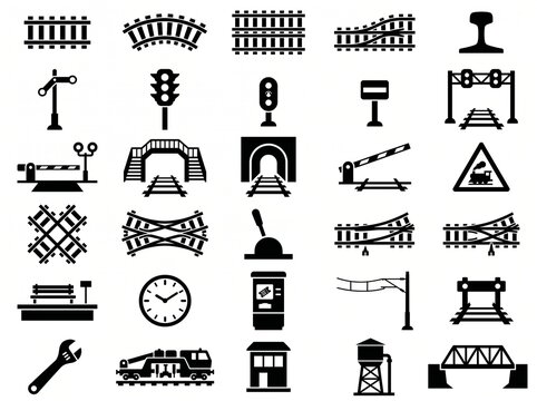 Railway and train transportation infrastructure icons for transit systems