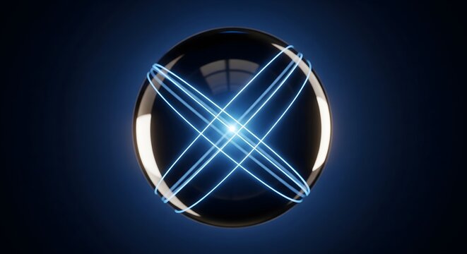 A glowing abstract sphere with light rings orbiting a central nucleus