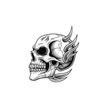 Evil human skull profile with sharp spiky wing-like horns extending from the back.