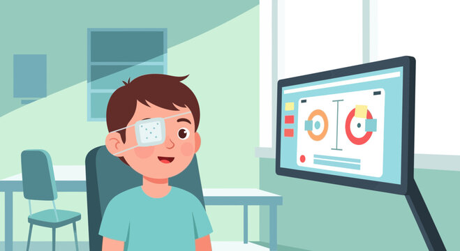 Child eye exam with patch and digital screen in optometry clinic
