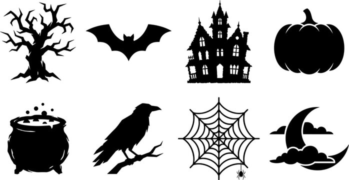 Black vector Halloween silhouette icons set containing spooky tree bat haunted house pumpkin cauldron raven spiderweb and crescent moon