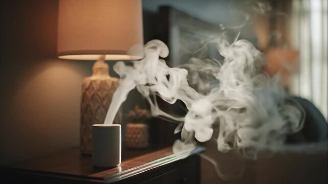 Aromatherapy diffuser emitting steam in a cozy bedroom at night