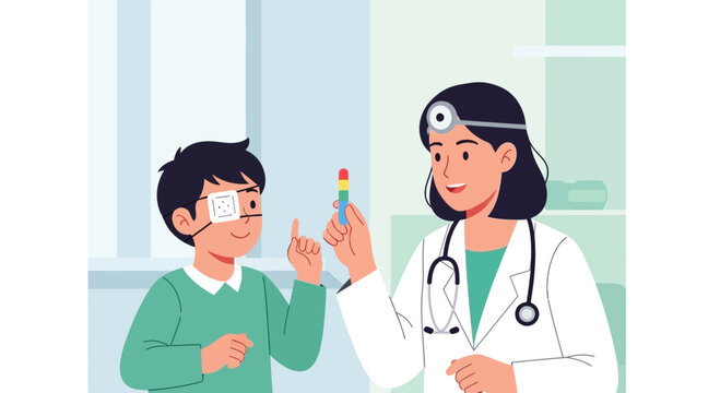 Young patient with eye patch getting eye exam from optician