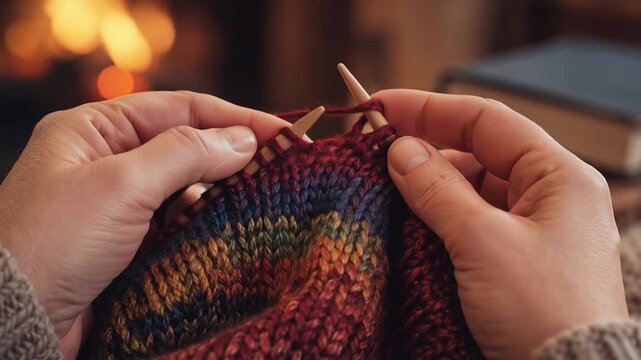 Close up of hands using wooden needles to knit a colorful woolen garment with warm lighting