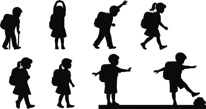 Back to school children silhouette set with backpacks walking and playing vector