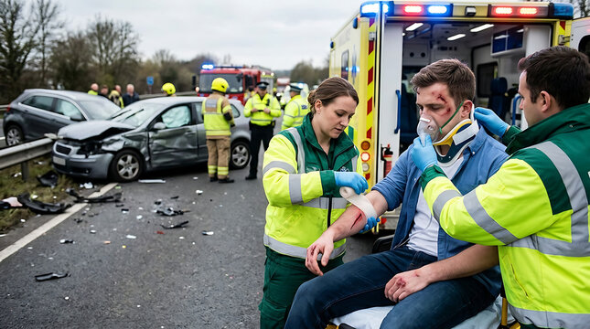 Emergency responders assisting injured person at roadside accident scene in reflective safety gear