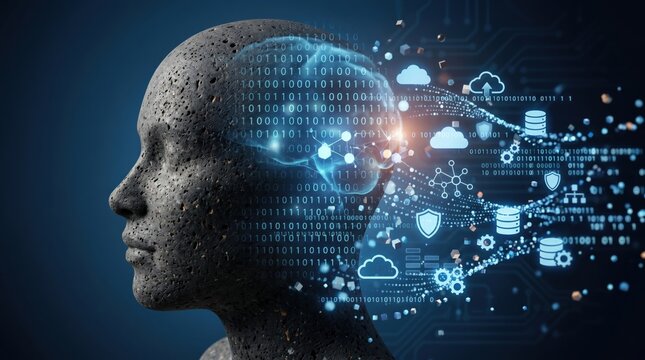 Artificial intelligence brain concept, digital mind with binary code and network connections