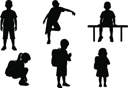 Back to school children silhouette set, kids with backpacks, vector illustration