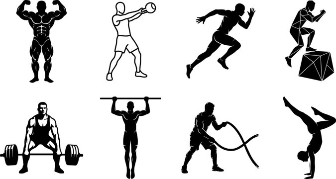 Vector fitness and bodybuilding icons featuring athletes doing deadlifts kettlebell swings battle ropes pull ups box jumps and handstands