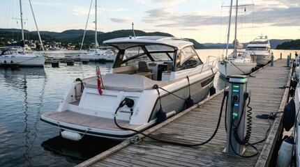 Fototapeta premium Modern Boat Charging at a Marina Dock under Scenic Sky