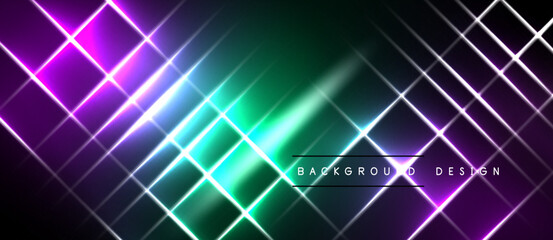 Abstract neon grid. Vibrant purple, green hues dominate. Diagonal lines create dynamic visual effect. Modern background design element. © antishock