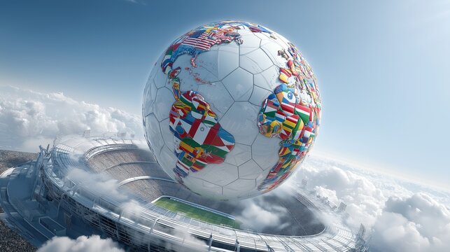 Global soccer ball with international flags rising above packed stadium clouds bright sky representing world football competition