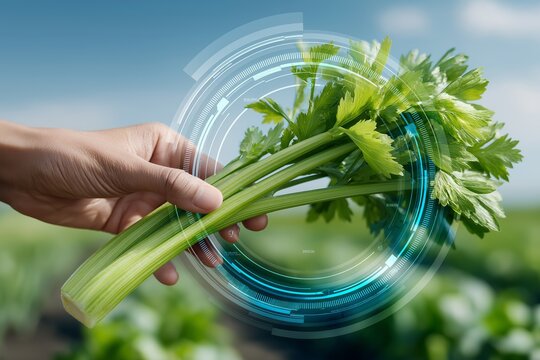 Innovative use of digital technology to analyze fresh celery held by hand in agricultural field for modern farming and healthy vegetable production