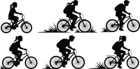 Naklejka premium Back to school silhouette of kids riding bicycles vector set for education design