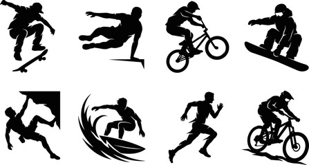 Vector silhouettes of extreme sports athletes including skateboarding parkour bmx snowboarding rock climbing surfing trail running and mountain biking © Bulbuli