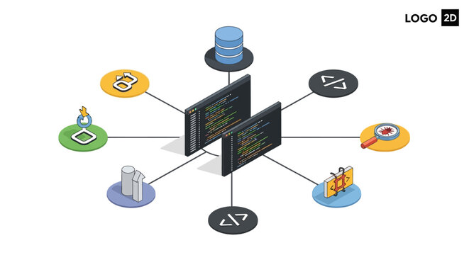 An isometric illustration showing software development and data management processes