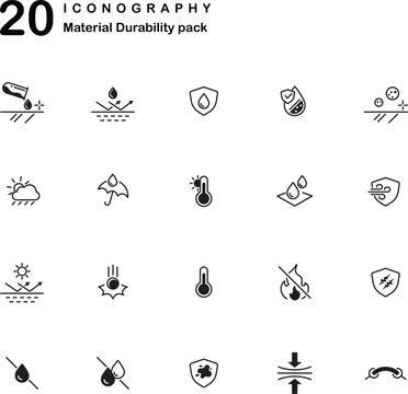 Durability icon set of minimal material resistance symbols for waterproof, heat and weather protection