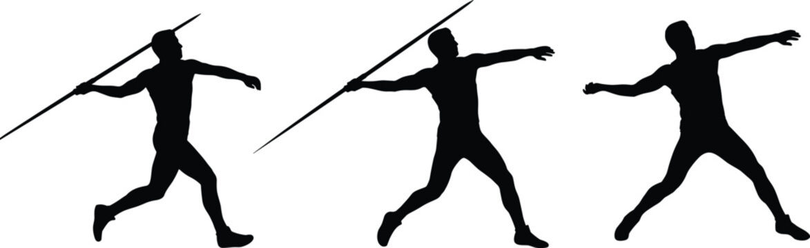 Silhouette illustration of athlete performing javelin throw sequence, showing preparation, release, and follow‑through motion