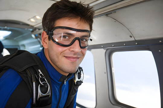 Skydiver Wearing Goggles Inside Aircraft Before Jump