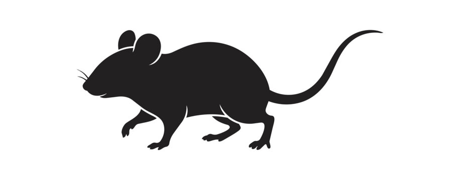 Silhouette of a black mouse walking with its tail curved upwards.