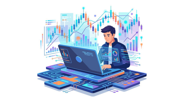 Vibrant flat vector illustration of a male trader analyzing financial stock market data on a laptop with colorful candlestick charts and digital infographics on a white background.