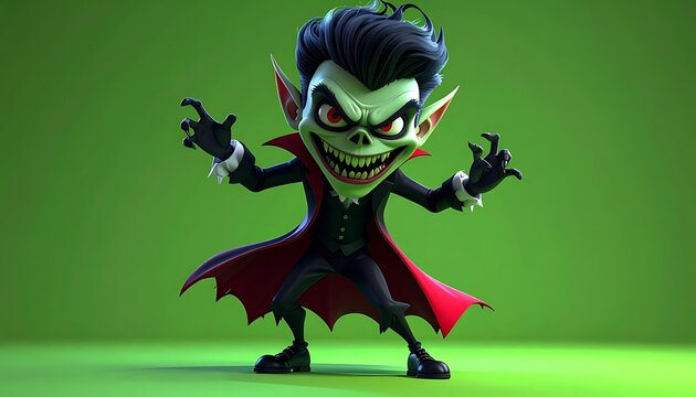 Cartoon vampire character in green studio.