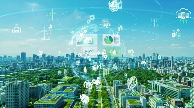 Sustainable green energy smart city concept, renewable power sources like wind turbines and solar panels integrated with urban architecture